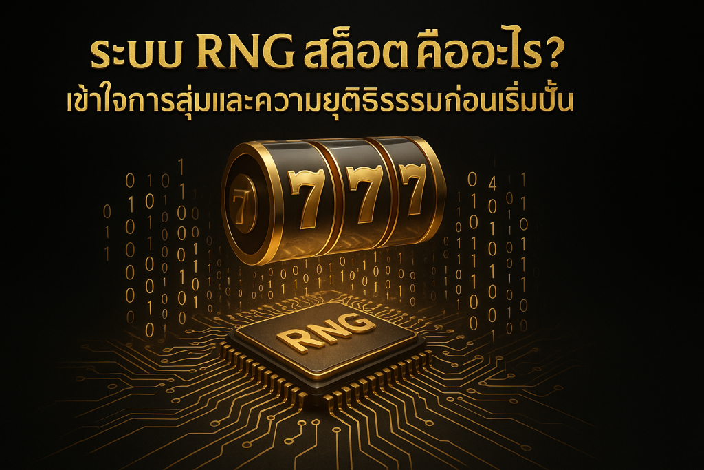 ภาพฟีเจอร์ธีมดำทอง แสดงแนวคิดระบบ RNG สล็อต พร้อมข้อความหัวข้อบทความ
