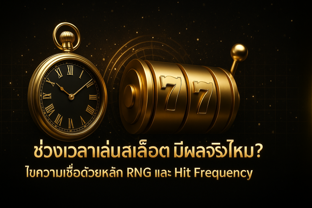ภาพหน้าปกโทนดำทอง สื่อถึงช่วงเวลาเล่นสล็อต ด้วยนาฬิกาทองซ้อนวงล้อสล็อตและแนวคิด RNG