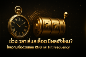 ภาพหน้าปกโทนดำทอง สื่อถึงช่วงเวลาเล่นสล็อต ด้วยนาฬิกาทองซ้อนวงล้อสล็อตและแนวคิด RNG