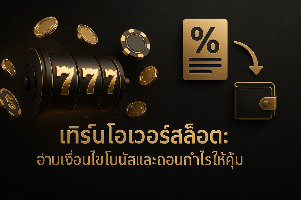 ภาพฟีเจอร์ธีมหรูหราดำทอง แสดงเทิร์นโอเวอร์สล็อต พร้อมข้อความหัวข้อบทความภาษาไทย