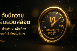 ภาพฟีเจอร์โทนหรูหราดำทอง แสดงดัชนีความผันผวนสล็อต (VI) บนมาตรวัด พร้อมข้อความหัวเรื่องภาษาไทย