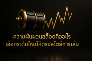 ภาพปกโทนหรูหราดำทอง แสดงวงล้อสล็อตและกราฟเพื่อสื่อถึงความผันผวนสล็อต พร้อมข้อความหัวข้อบนภาพ