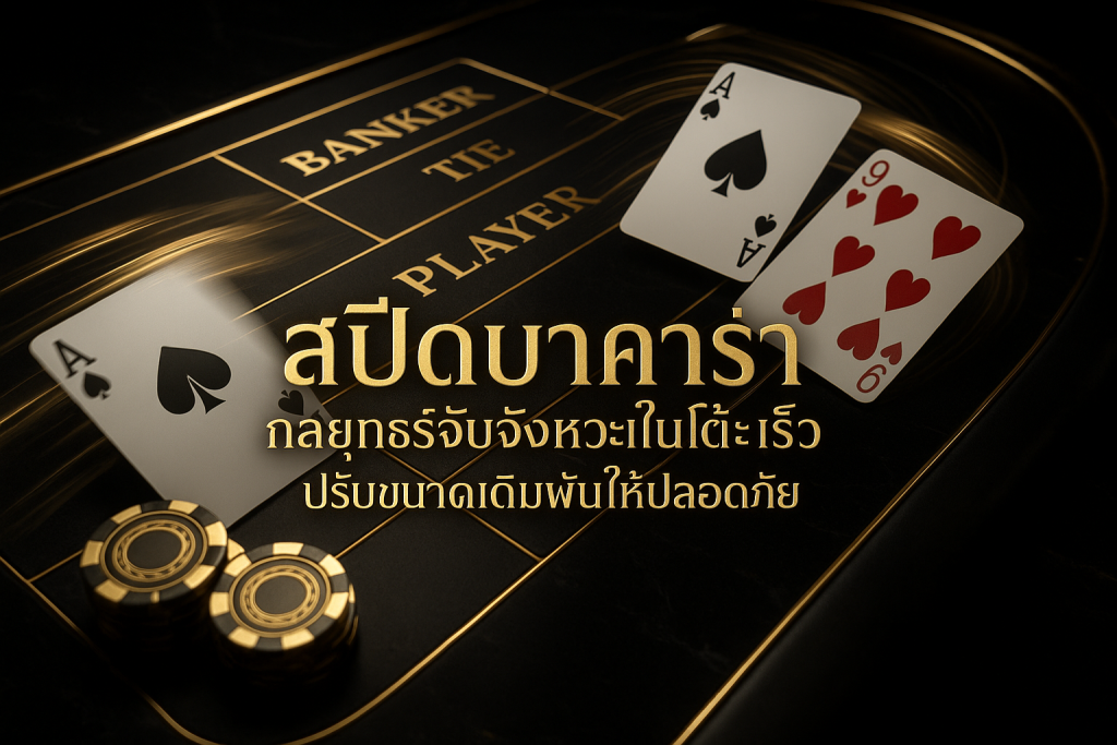 สปีดบาคาร่า กลยุทธ์ ภาพรวมบทความแนวหรูหราธีมดำทองพร้อมไพ่และชิป แสดงชื่อบทความบนภาพ