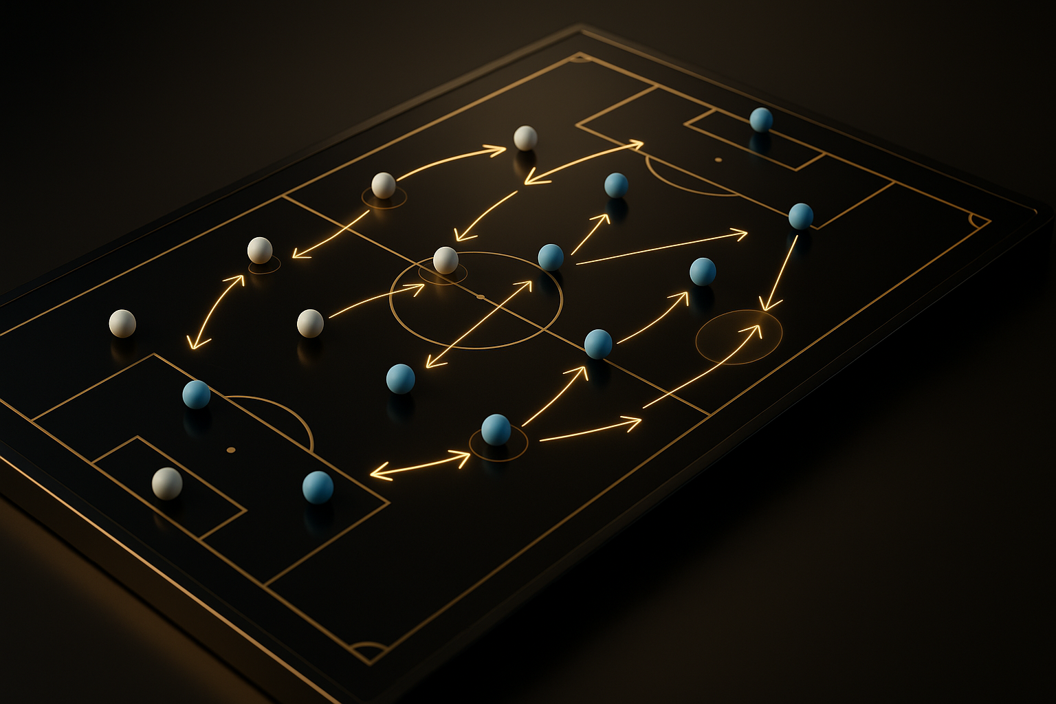 กราฟิกแท็กติกโทนดำทองสำหรับ วิเคราะห์บอล สเปอร์ส แมนเชสเตอร์ ซิตี้ 10/03/26 แสดงระบบการเล่นและทิศทางการเคลื่อนที่