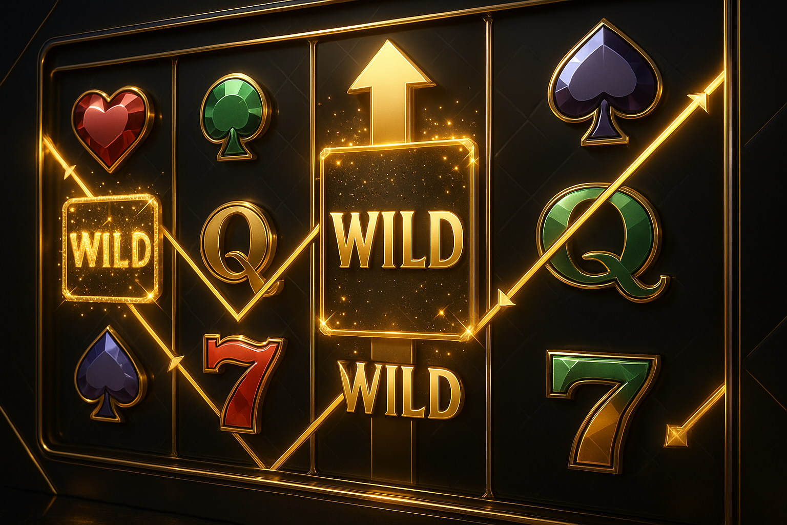 ภาพคอมโบฟีเจอร์สล็อต โชว์การซินเนอร์จีระหว่าง sticky wilds และ expanding wilds ในธีมหรูหราดำทอง