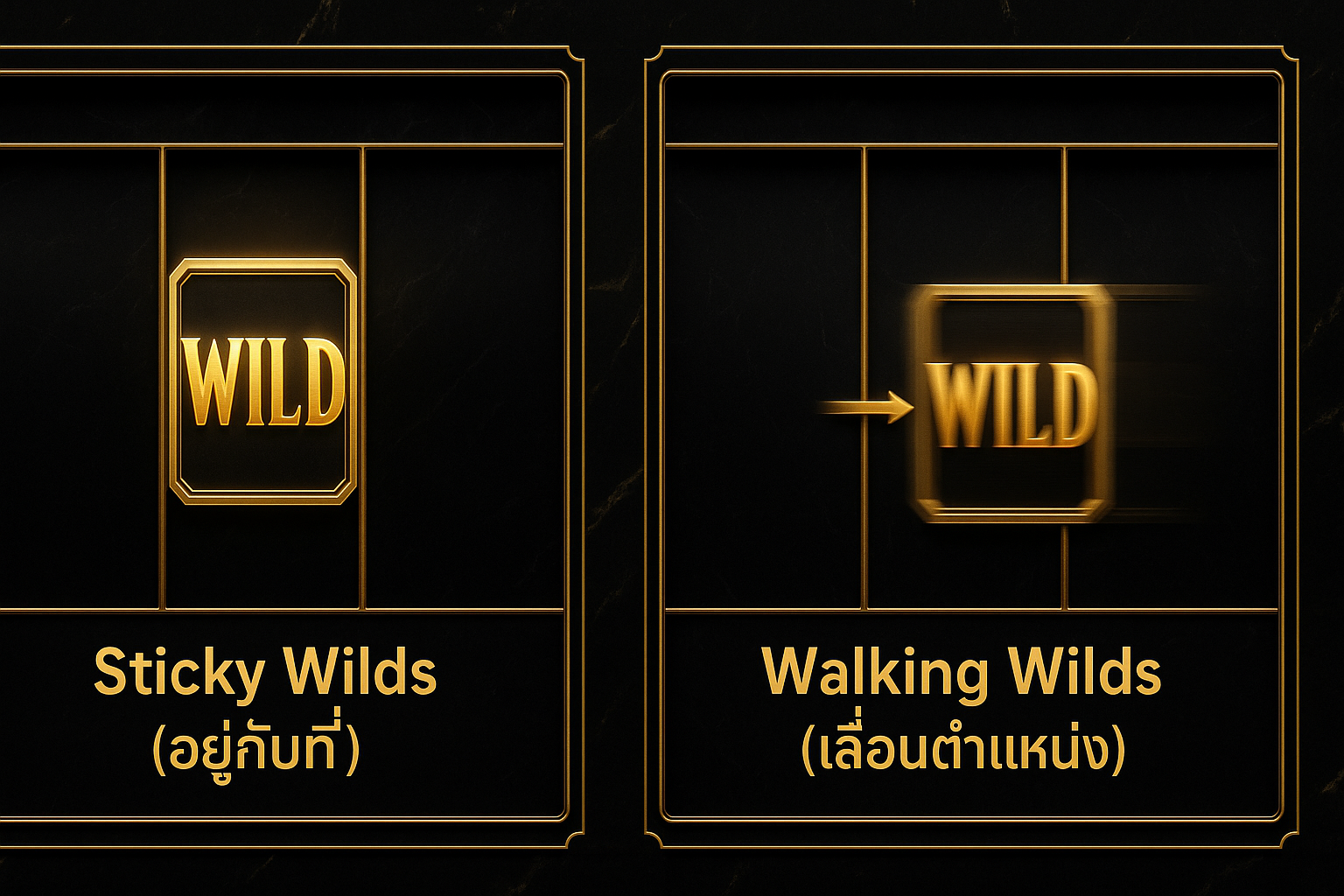 ภาพเปรียบเทียบ Expanding Wilds สล็อต กับ Sticky Wilds และ Walking Wilds ธีมหรูหราดำทอง