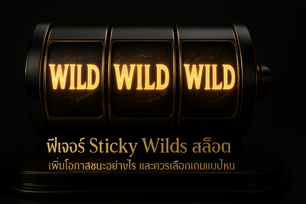 ภาพหัวข้อธีมหรูหราดำทอง แสดงฟีเจอร์ Sticky Wilds สล็อต พร้อมข้อความชื่อบทความภาษาไทยบนภาพ