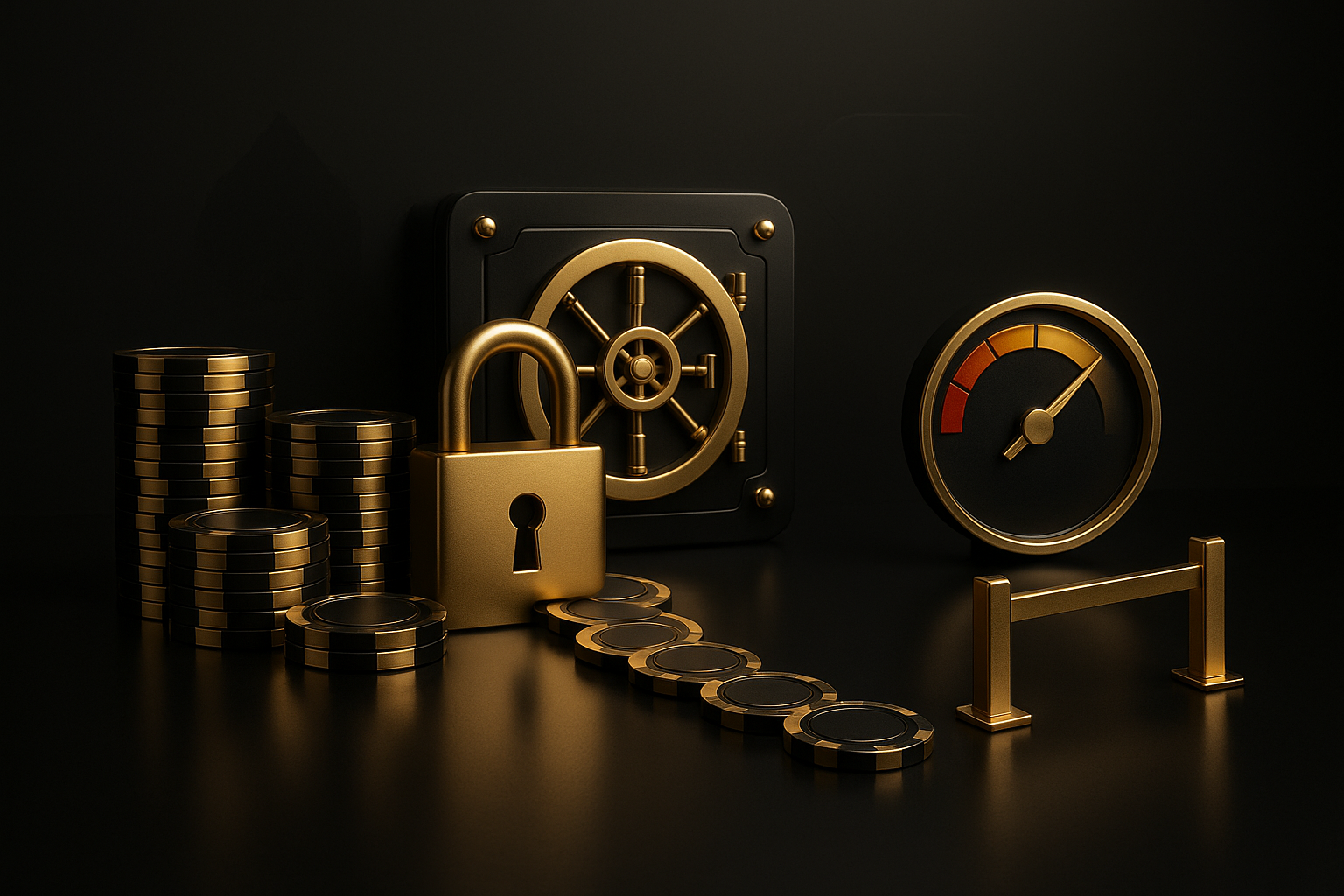 ภาพธีมดำทองสื่อการตั้งสต็อปล็อสและวินัยบริหารพอร์ตสำหรับบาคาร่า เน้นแนวคิด ผสานเคลลี่กับสต็อปล็อสบาคาร่า ผ่านกุญแจ กล่องนิรภัย และเกจความเสี่ยง