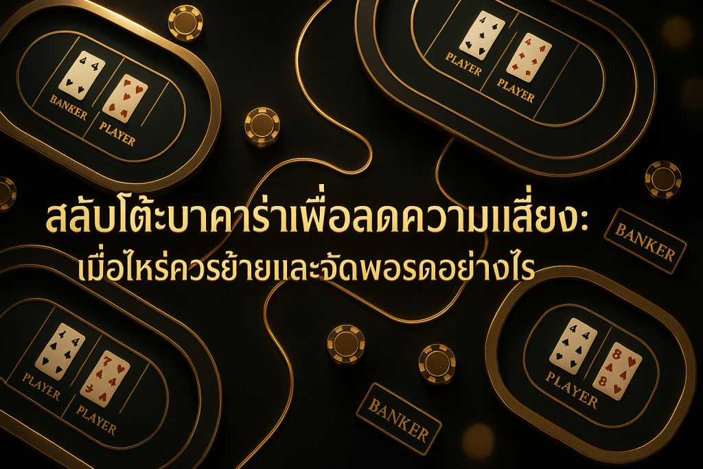 ภาพรวมการสลับโต๊ะบาคาร่าเพื่อลดความเสี่ยง ในธีมหรูหราสีดำทอง พร้อมหัวข้อบทความบนภาพ