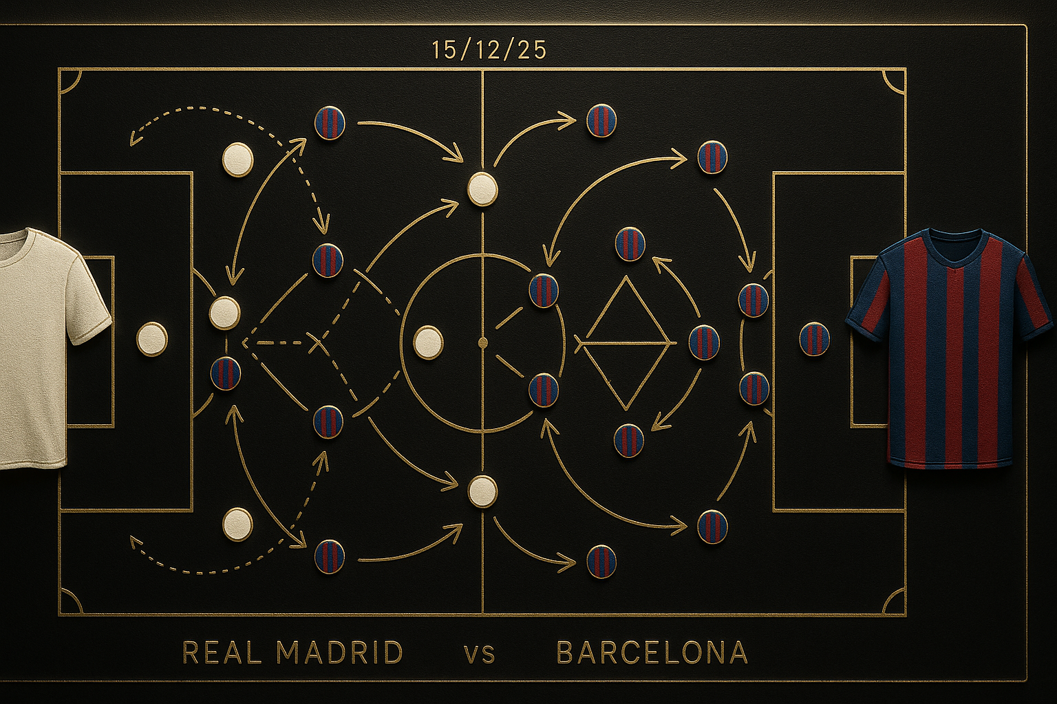 ภาพแท็กติก 4-3-3 และแผนการเล่นประกอบบทความ วิเคราะห์บอล เรอัล มาดริด บาร์เซโลน่า 15/12/25 ธีมหรูหราดำทอง