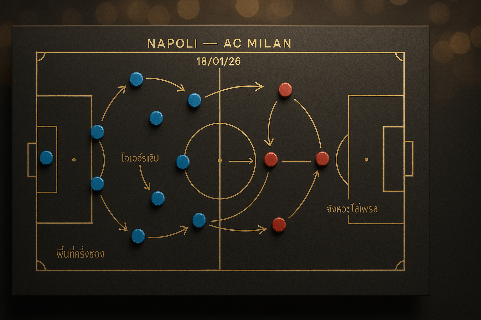 กระดานแท็คติกสำหรับ วิเคราะห์บอล นาโปลี เอซี มิลาน 18/01/26 โทนหรูหราดำทอง
