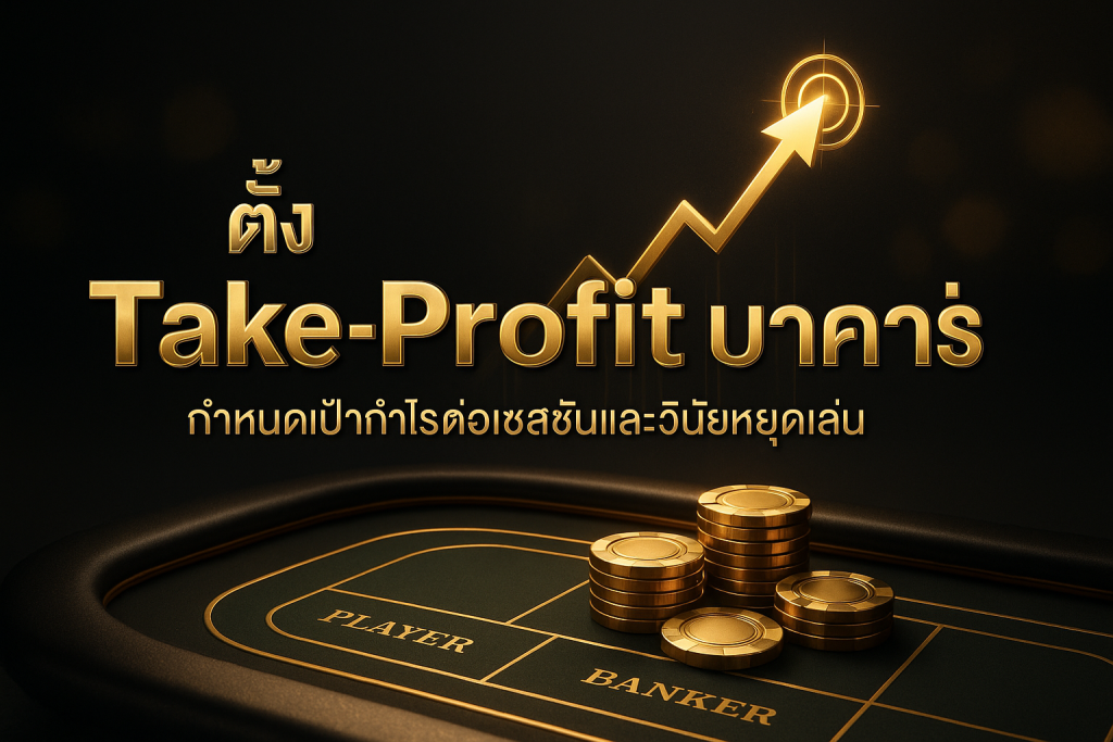 ตั้ง Take-Profit บาคาร่า: ภาพฟีเจอร์สื่อถึงการกำหนดเป้ากำไรต่อเซสชันและวินัยหยุดเล่น โทนหรูหราดำทอง