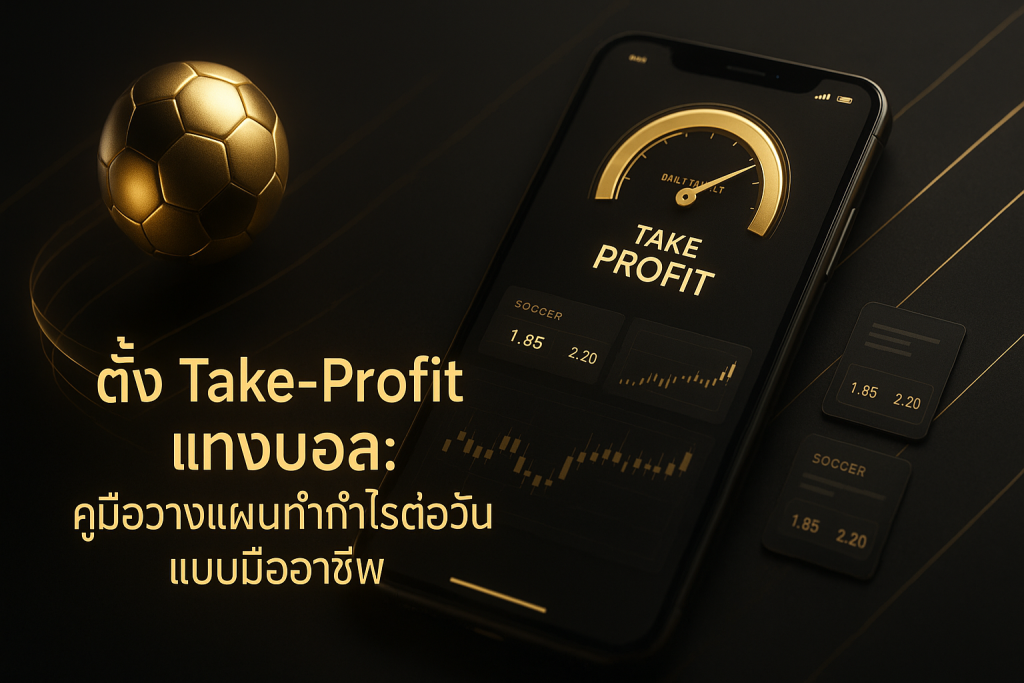 ภาพฟีเจอร์ธีมดำทอง แสดงการตั้ง Take-Profit แทงบอล ด้วยสมาร์ทโฟน กราฟ และลูกฟุตบอลโฮโลแกรม สื่อถึงการวางแผนกำไรต่อวันแบบมืออาชีพ