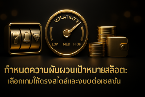 ภาพหน้าปกโทนหรูหรา ดำทอง สำหรับบทความ กำหนดความผันผวนเป้าหมายสล็อต: เลือกเกมให้ตรงสไตล์และงบต่อเซสชัน แสดงเกจความผันผวนและวงล้อสล็อต
