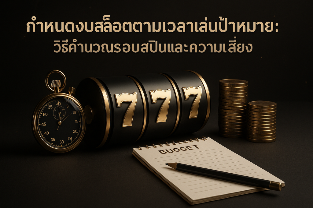 ภาพฟีเจอร์โทนหรูหราดำทองสำหรับบทความ กำหนดงบสล็อตตามเวลาเล่นเป้าหมาย แสดงหัวข้อ วิธีคำนวณรอบสปินและความเสี่ยง พร้อมนาฬิกาจับเวลา วงล้อสล็อต และกองเหรียญ