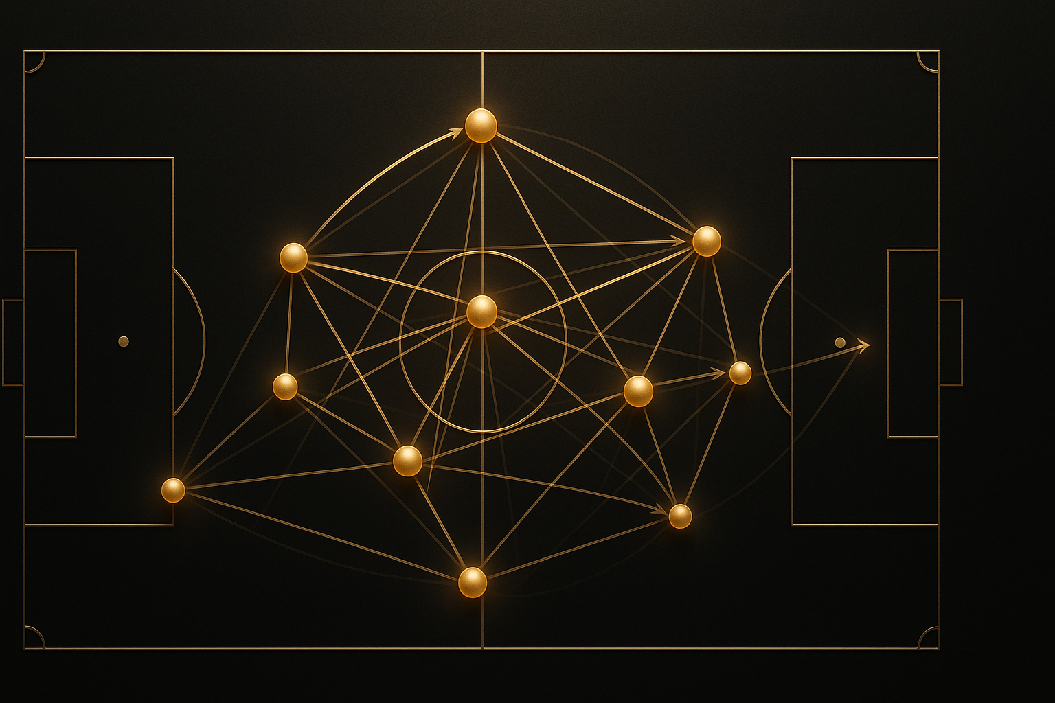 แผนที่การส่งบอล ฟุตบอล เพื่ออ่านโครงสร้างทีมจากเครือข่ายการจ่าย โหนดทองและเส้นการจ่ายบนสนามสีดำทอง