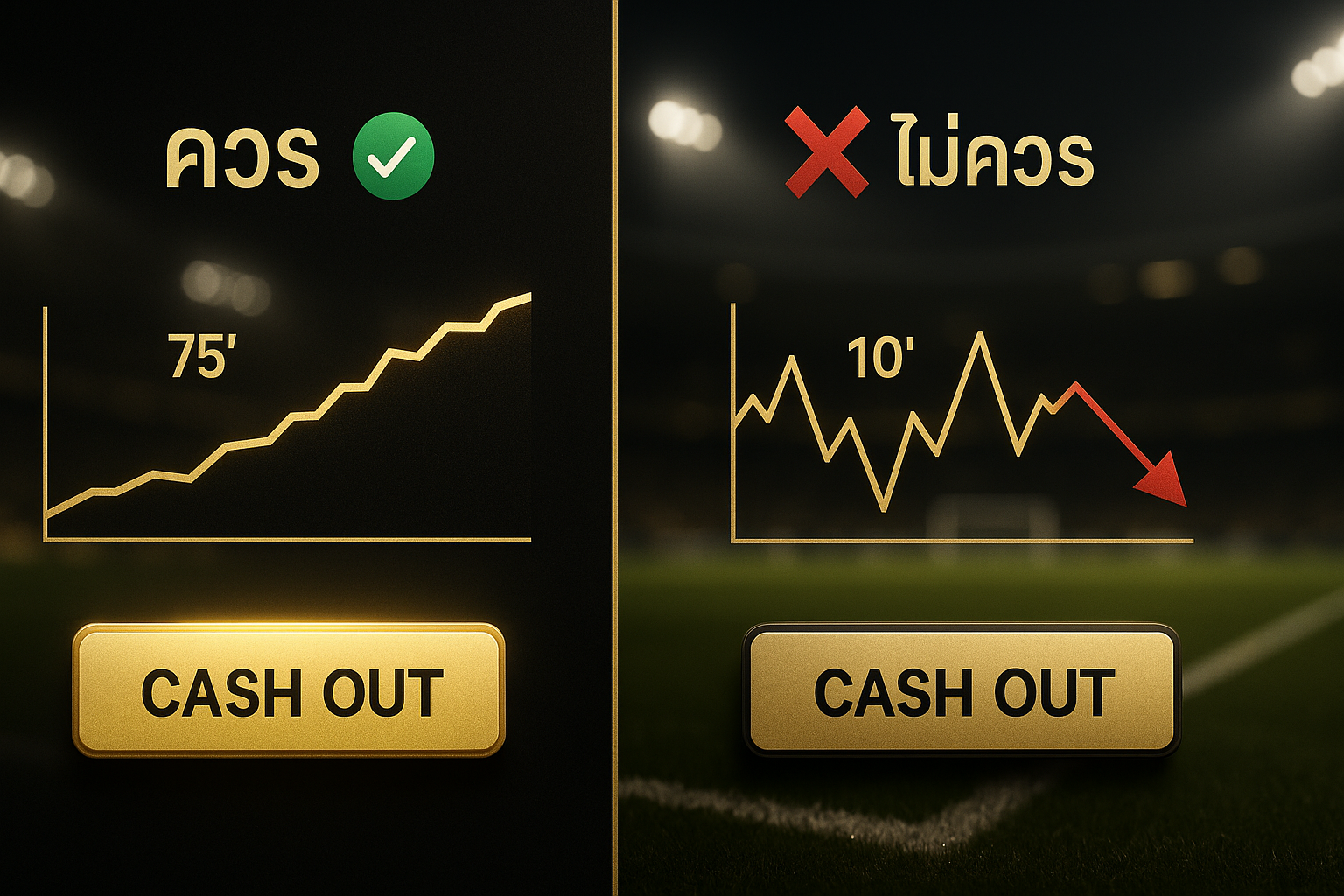 ภาพเปรียบเทียบจังหวะควรและไม่ควรใช้ฟีเจอร์ Cash Out แทงบอล ตามเวลาและการเคลื่อนไหวของราคา ในธีมหรูหราดำทอง