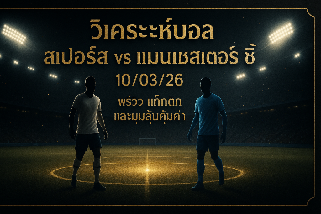 ภาพหน้าปกแนวหรูหราโทนดำทองสำหรับ วิเคราะห์บอล สเปอร์ส แมนเชสเตอร์ ซิตี้ 10/03/26 พร้อมชื่อบทความบนภาพ