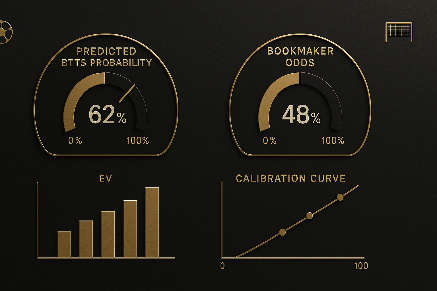 แดชบอร์ดวิเคราะห์มูลค่าเดิมพันโดยใช้โลจิสติกรีเกรสชันทำนาย BTTS เทียบโอกาสที่ประเมินจาก xG กับราคาเดิมพัน โทนดำทอง