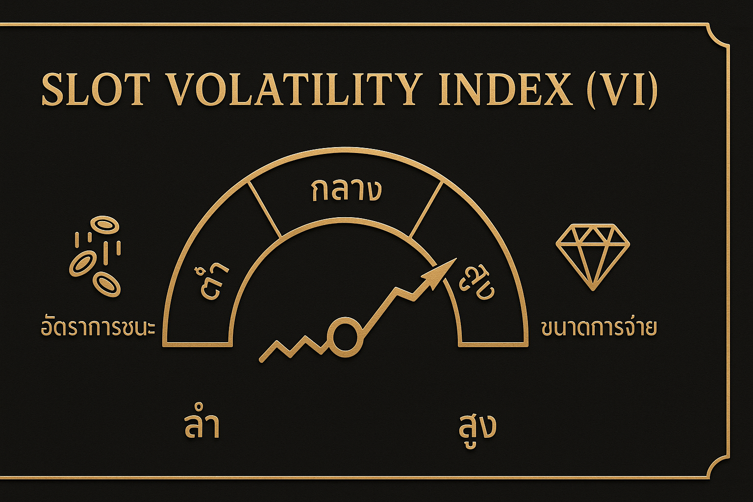 อินโฟกราฟิกโทนดำทอง อธิบายดัชนีความผันผวนสล็อต (VI) ระดับต่ำ กลาง สูง อย่างชัดเจน