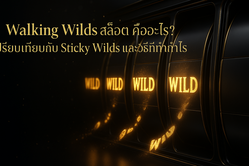 ภาพฟีเจอร์สำหรับบทความ Walking Wilds สล็อต แสดงสัญลักษณ์ไวลด์ที่เดินข้ามรีล ธีมหรูหราดำทอง พร้อมข้อความหัวเรื่องภาษาไทยบนภาพ