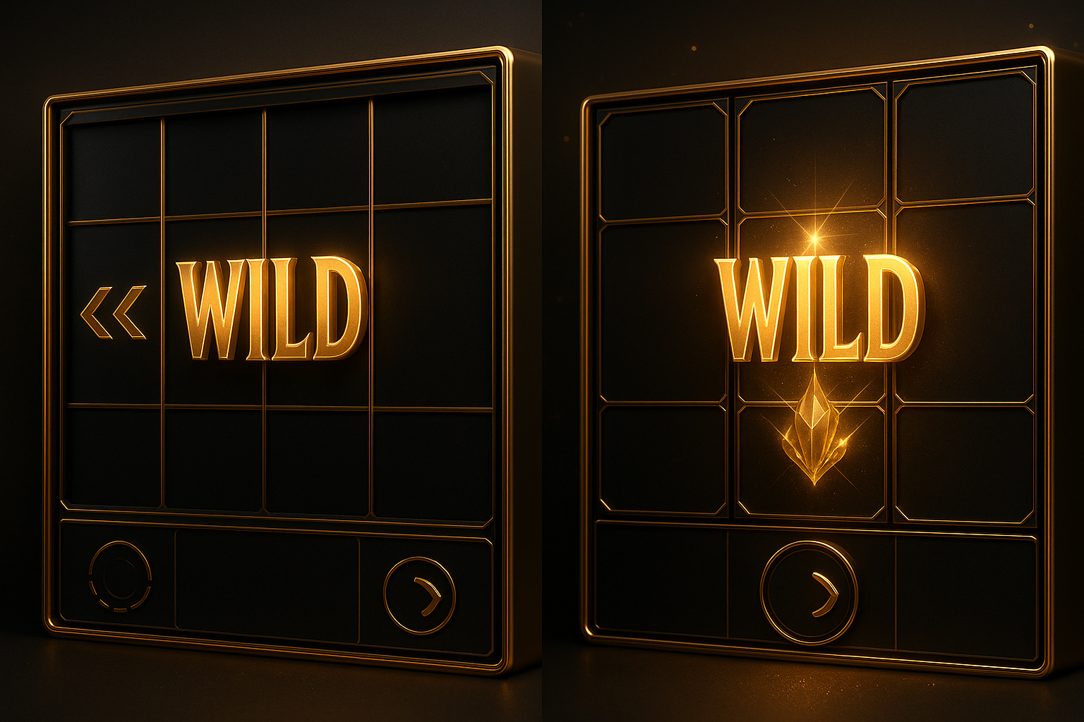 ภาพอธิบาย Walking Wilds สล็อต เปรียบเทียบกับ Sticky Wilds ในฉากแบ่งซีก ธีมหรูหราดำทอง แสดงการเคลื่อนที่ของไวลด์และไวลด์ที่ยึดติดอยู่กับตำแหน่งเดิม