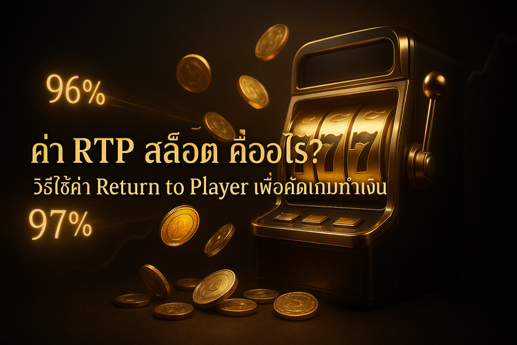 ภาพหัวข้อธีมหรูหราดำทอง แสดงค่า RTP สล็อต พร้อมข้อความหัวเรื่องเกี่ยวกับ Return to Player