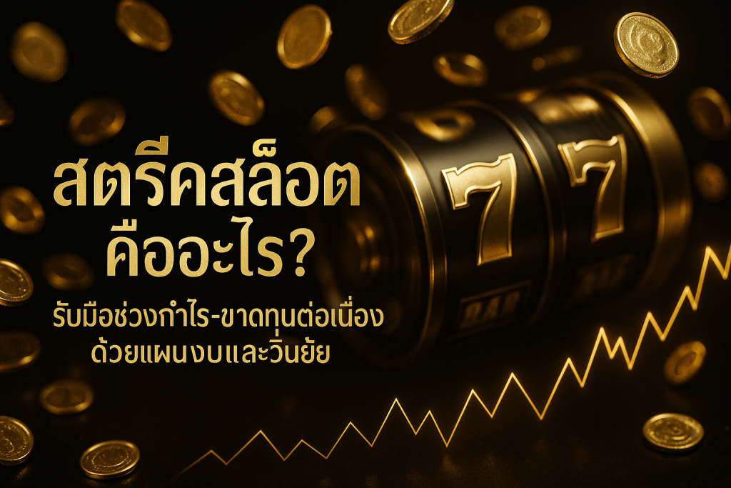 ภาพฟีเจอร์ธีมดำทอง แสดงแนวคิดสตรีคสล็อต พร้อมชื่อเรื่องบนภาพและกราฟชนะ-แพ้ต่อเนื่อง