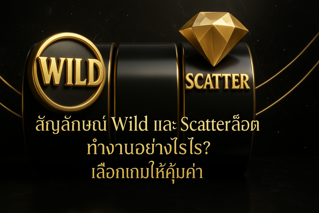 ภาพปกธีมหรูหราดำทอง แสดงสัญลักษณ์ Wild และ Scatter สล็อต พร้อมข้อความหัวข้อบทความ