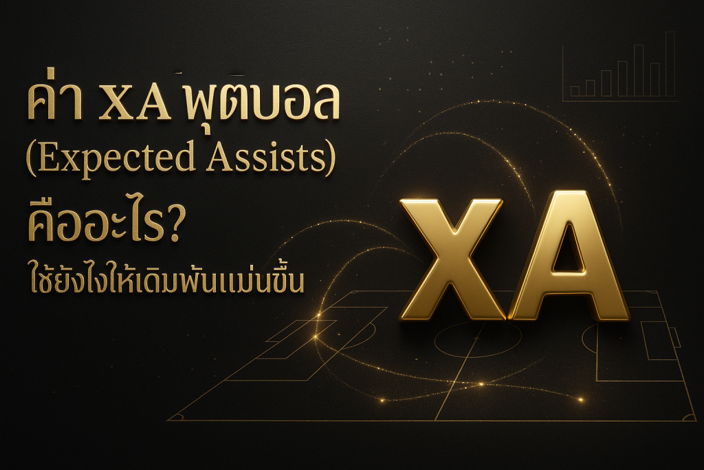 ภาพปกธีมหรูโทนดำทอง แสดงค่า xA ฟุตบอล (Expected Assists) พร้อมกราฟสนามและเส้นการจ่ายบอล