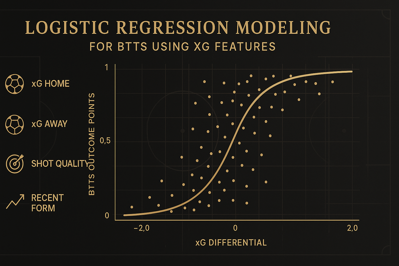 อินโฟกราฟิกอธิบายโลจิสติกรีเกรสชันทำนาย BTTS ด้วยตัวแปร xG โทนดำทอง