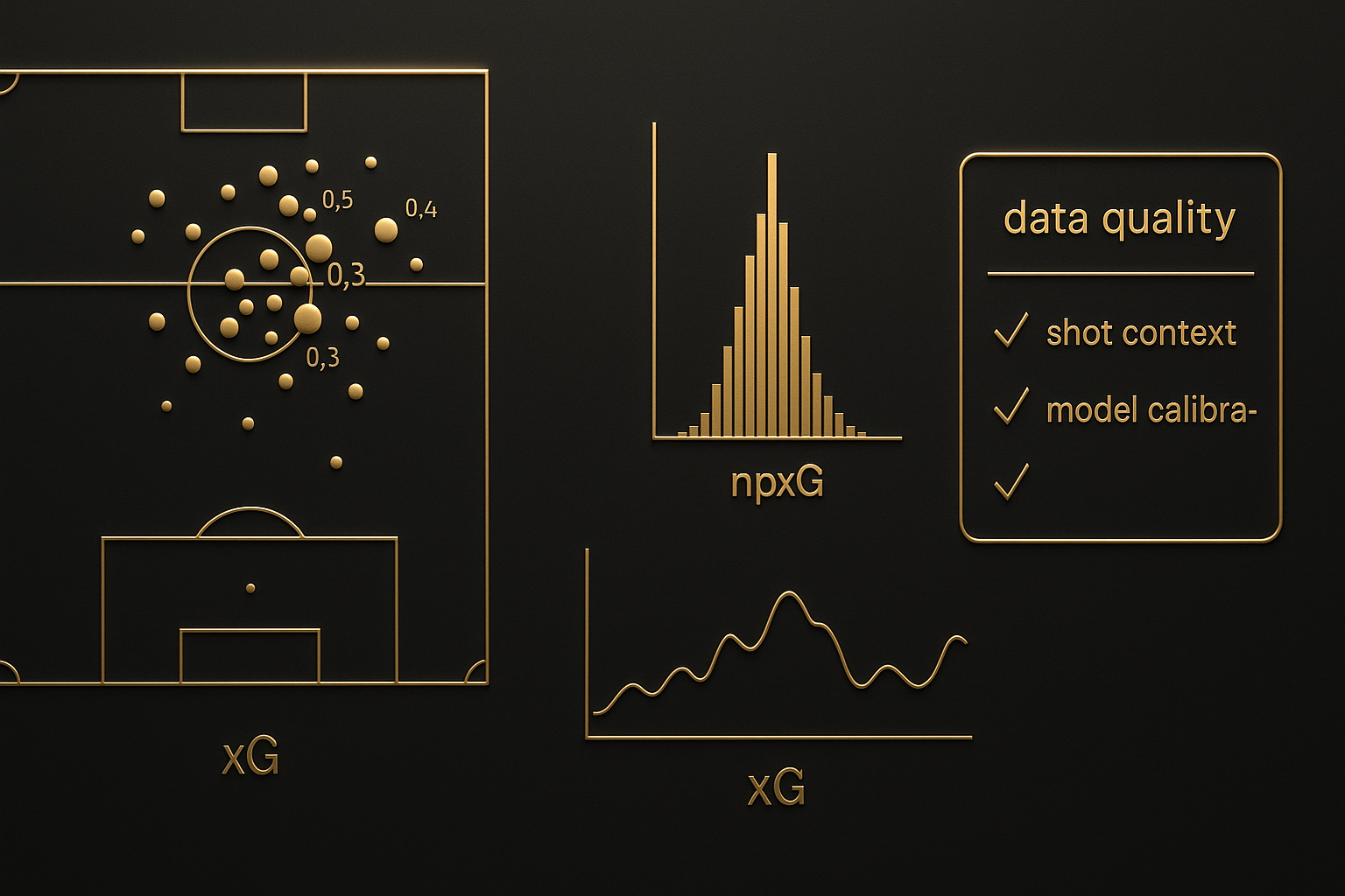 แดชบอร์ด xG พร้อมแผนที่ยิงและเช็กลิสต์สำหรับเช็กลิสต์วิเคราะห์บอลขั้นสูง ในโทนหรูหราดำทอง