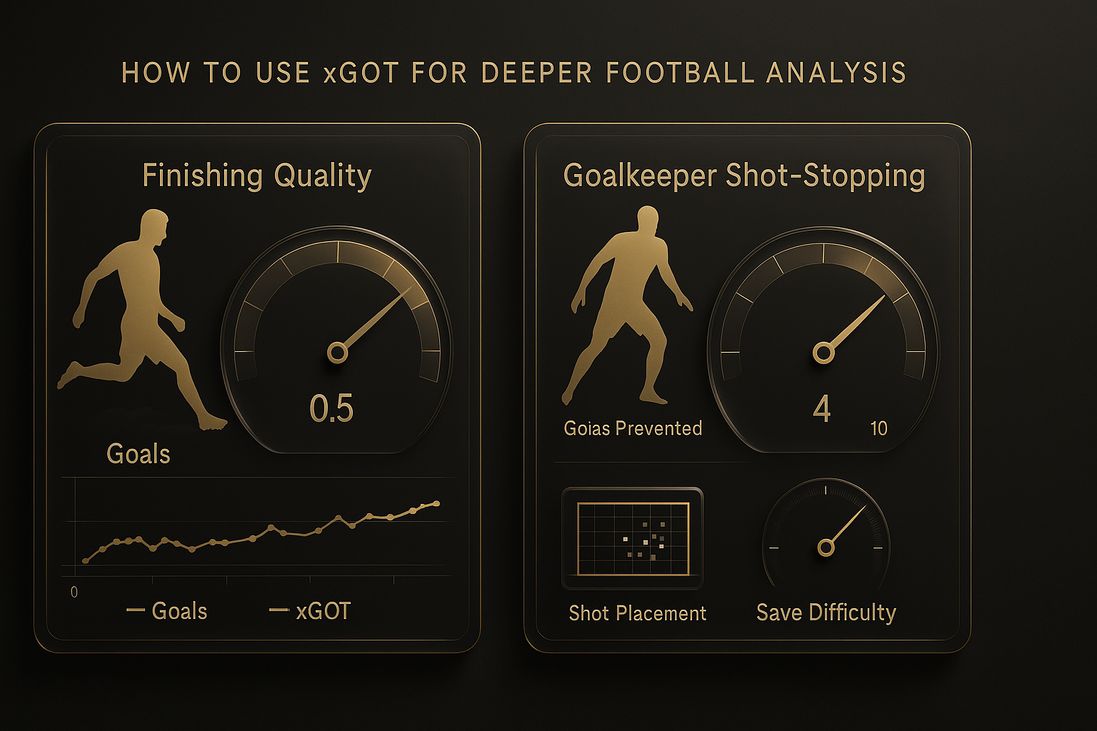 แดชบอร์ดวิเคราะห์การจบสกอร์และผู้รักษาประตูโดยใช้ค่า xGOT ฟุตบอล ในโทนหรูหราดำทอง