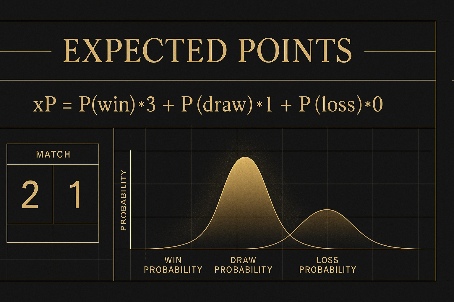 อินโฟกราฟิกโทนดำทองอธิบายการคำนวณค่า xP ฟุตบอล ด้วยสูตร P(win)*3 + P(draw)*1 + P(loss)*0 และกราฟความน่าจะเป็น