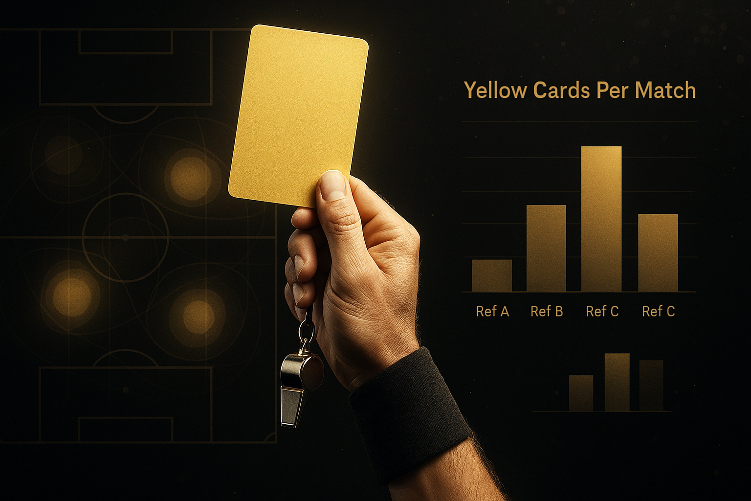 อิทธิพลผู้ตัดสินต่อสถิติฟุตบอล กับจำนวนใบเหลืองต่อเกม แสดงมือผู้ตัดสินชูใบเหลืองและฮีทแมพ/กราฟในโทนดำทอง