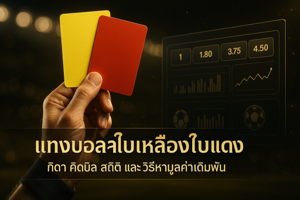 ภาพหัวข้อแนวหรูหราดำทองเกี่ยวกับ แทงบอลใบเหลืองใบแดง พร้อมผู้ตัดสินชูใบเหลืองใบแดงและส่วนติดต่อสปอร์ตบุ๊กแบบทองบนพื้นดำ